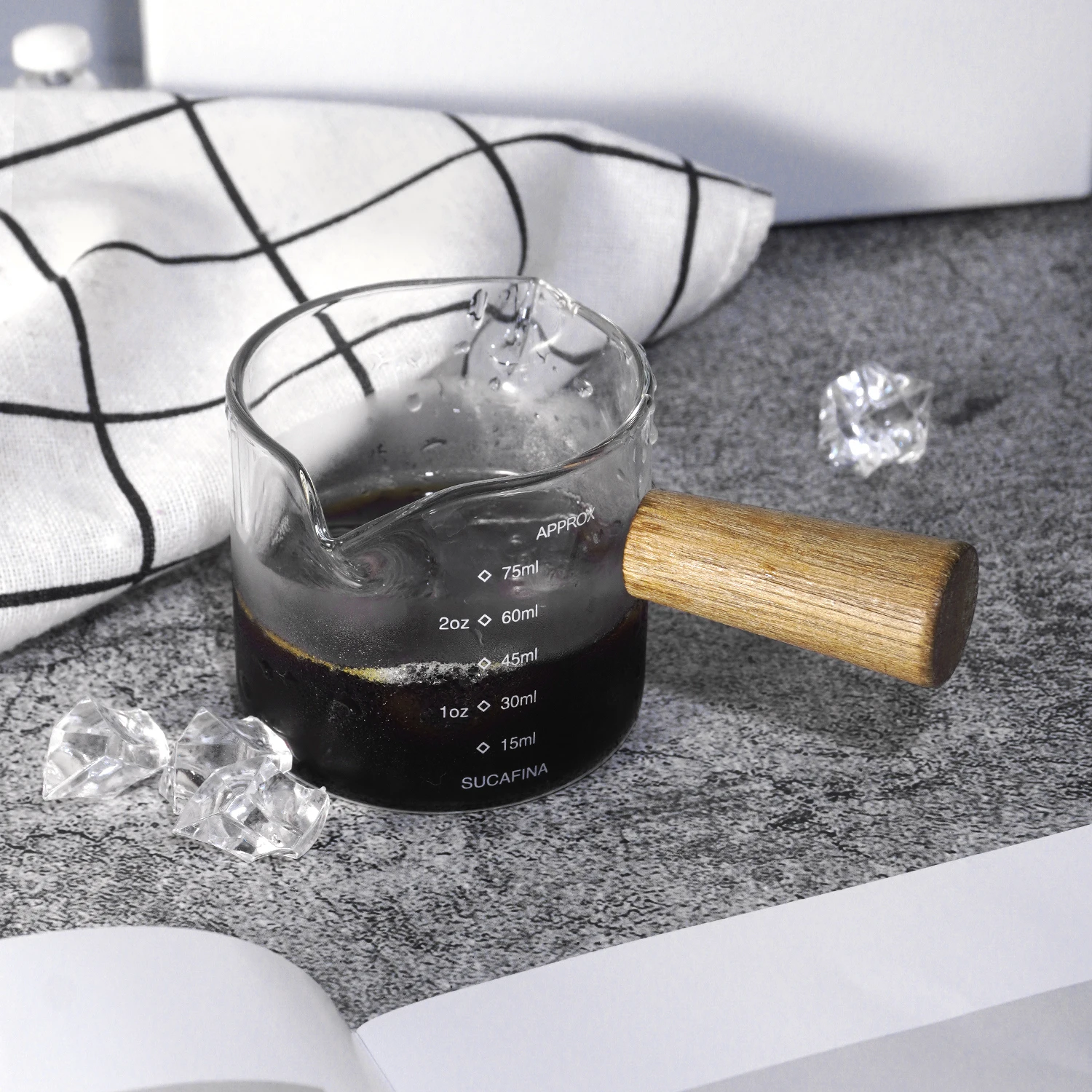 Glass Measuring Cup with Wood Handle – Espresso Shot Glass